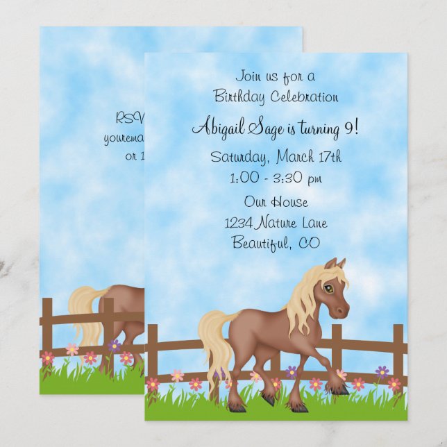 Pretty Brown Horse, Fence and Flowers Birthday Invitation (Front/Back)