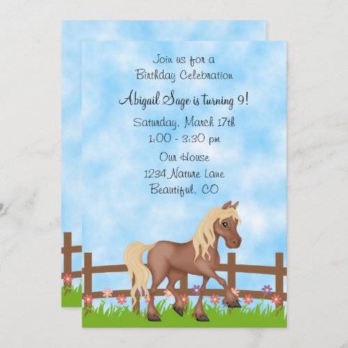 Pretty Brown Horse Fence and Flowers Birthday Invitation