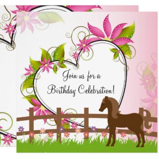 Pretty Brown Horse, Flowers and Heart Birthday Invitation