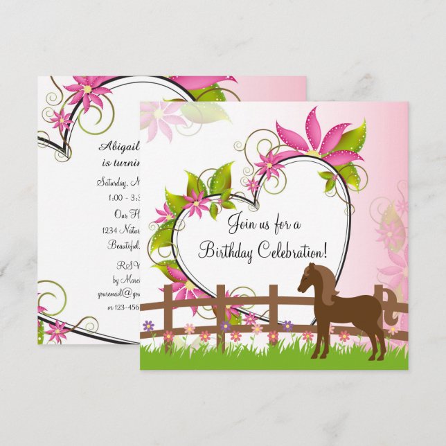 Pretty Brown Horse, Flowers and Heart Birthday Invitation (Front/Back)