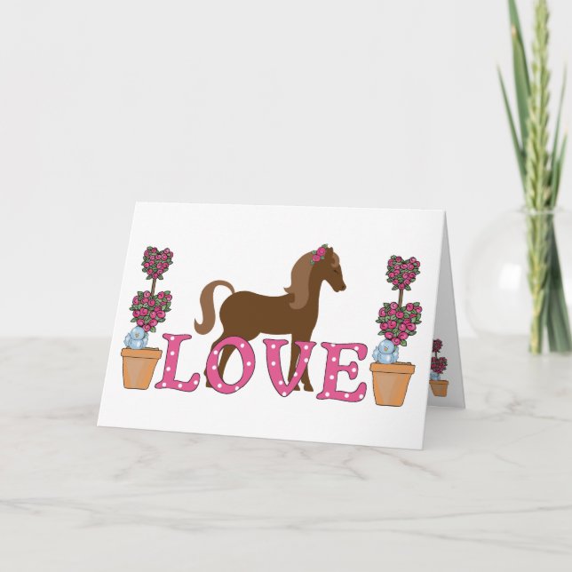 Pretty Brown Horse, Flowers Love Valentine's Day Holiday Card (Front)