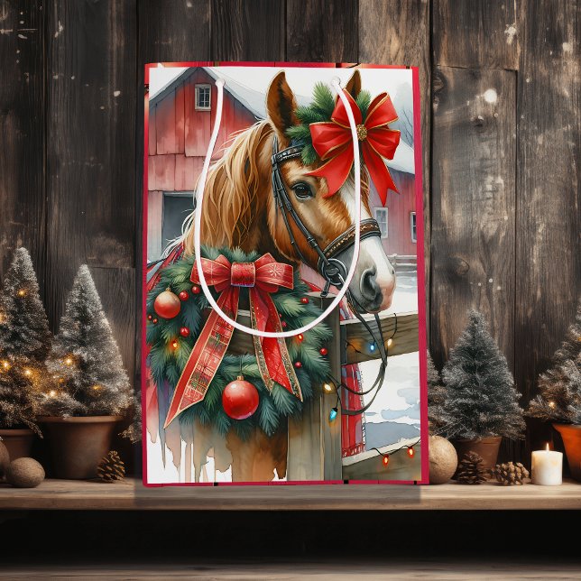 Pretty Brown Horse in Red Bow Christmas Medium Gift Bag (Creator Uploaded)
