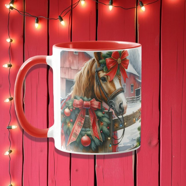 Pretty Brown Horse in Red Bow Christmas Mug (Creator Uploaded)