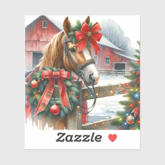 Pretty Brown Horse in Red Bow Christmas Sticker (Sheet)