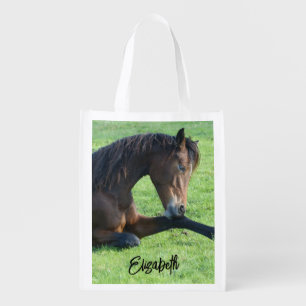 Pretty Brown Horse Laying in the Grass Grocery Bag