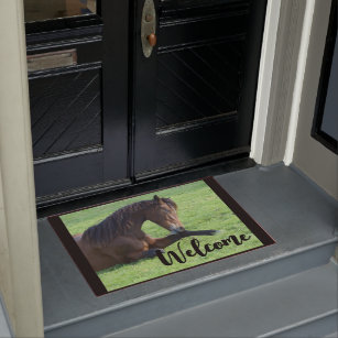 Pretty Brown Horse Laying in the Grass Welcome Doormat