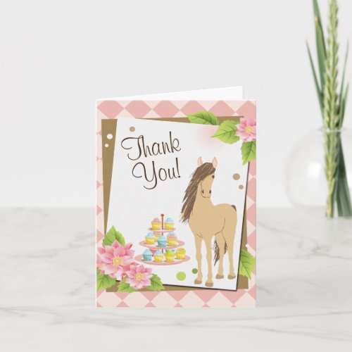 Pretty Brown Horse Pink Flowers and Cupcakes Thank You Card