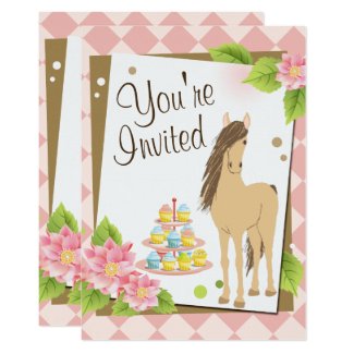 Pretty Brown Horse, Pink Flowers Birthday Invite