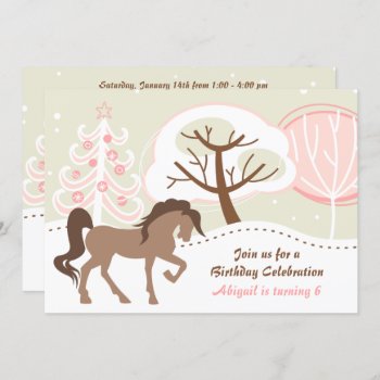 Pretty Brown Horse Pink Winter Birthday Invitation by TheCutieCollection at Zazzle
