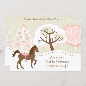 Pretty Brown Horse Snowy Winter Birthday Party Invitation by TheCutieCollection at Zazzle