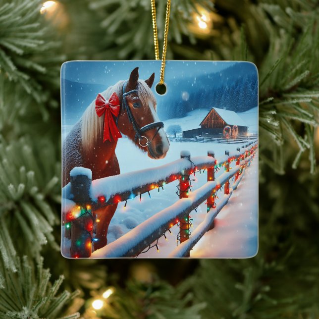 Pretty Brown Horse with Bow Christmas Personalized Ceramic Ornament (Tree)
