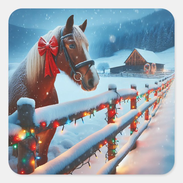 Pretty Brown Horse with Bow Christmas   Square Sticker (Front)