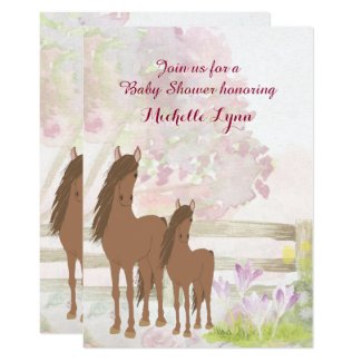 Pretty Brown Horses and Flowers Baby Shower Invite