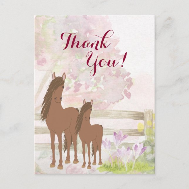 Pretty Brown Mare, Foal, Flowers Horse Thank You Postcard (Front)
