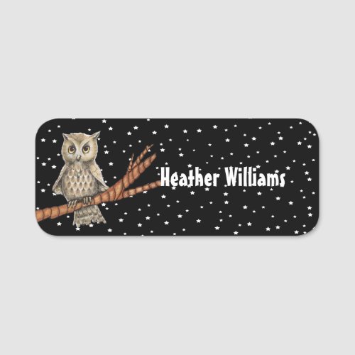 Pretty Brown Owl Blue Necklace on Branch Stars Name Tag