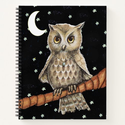 Pretty Brown Owl Branch Blue Necklace Stars Moon Notebook