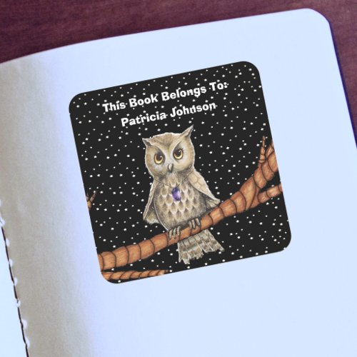 Pretty Brown Owl Golden eyes Branch Purple Crystal Square Sticker