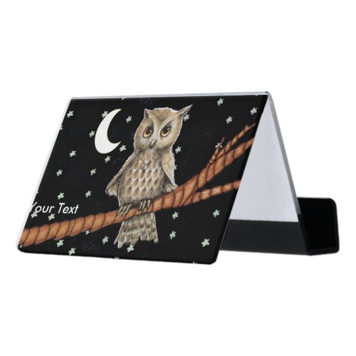 Pretty Brown Owl Golden Eyes Necklace Moon Stars Desk Business Card Holder