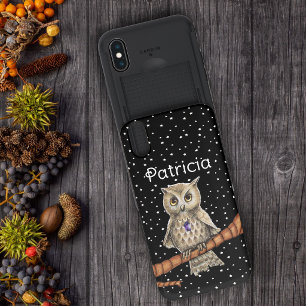 Pretty Brown Owl on Branch Purple Crystal Stars iPhone X Slider Case