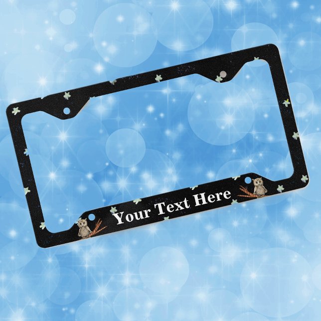 Pretty Brown Owl on Branch Wearing Necklace Stars License Plate Frame (Brown owls on branch wearing necklace white stars on black license plate frame.)