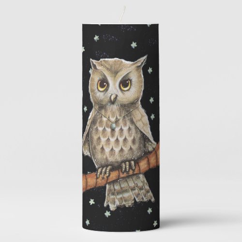 Pretty Brown Owl Wearing Blue Necklace Branch Star Pillar Candle