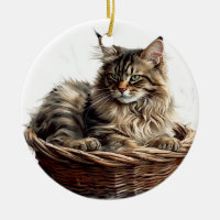 PRETTY BROWN TABBY MAINE COON CAT IN CAT BED