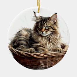 PRETTY BROWN TABBY MAINE COON CAT IN CAT BED CERAMIC ORNAMENT