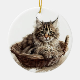 PRETTY BROWN TABBY MAINE COON CAT IN CAT BED CERAMIC ORNAMENT