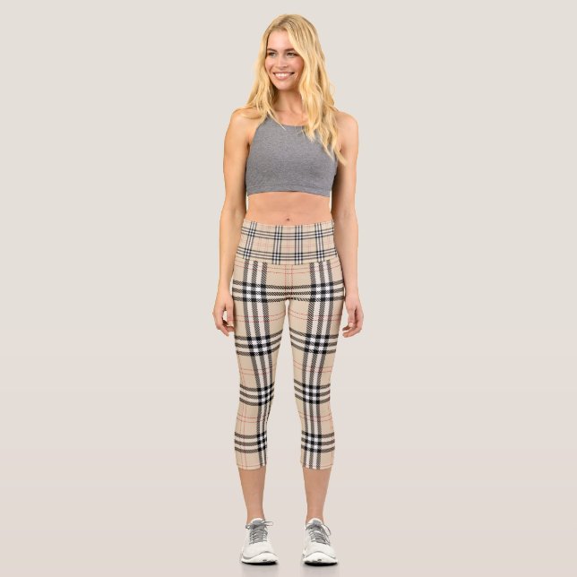 Pretty Brown Yellow Plaid  Capri Leggings (Front)