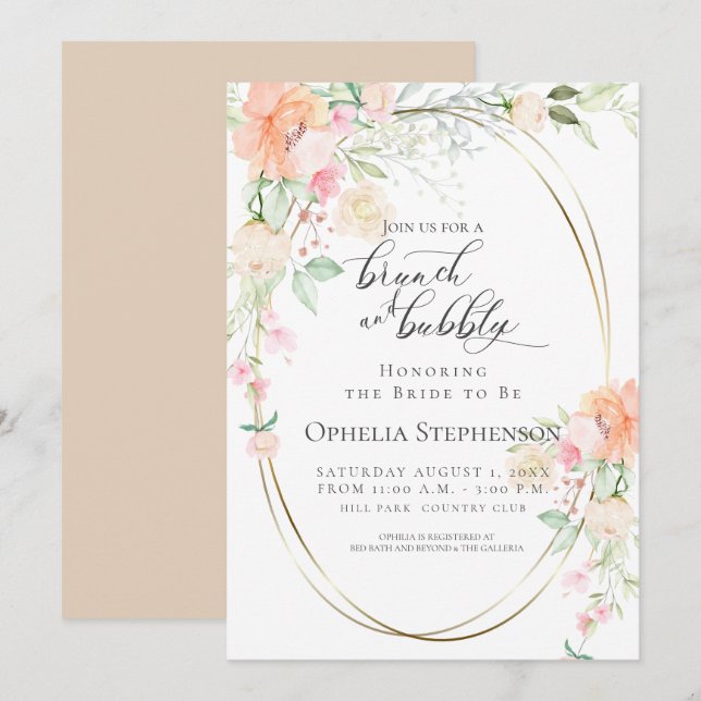 Pretty Brunch & Bubbly Coral Spring Flowers Invitation (Front/Back)