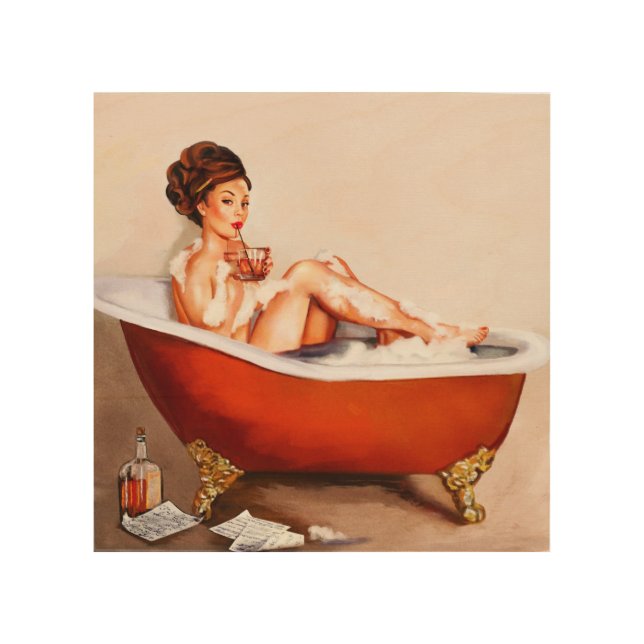 Pretty Brunette Pinup Girl Taking A Bath Wood Wall Art (Front)