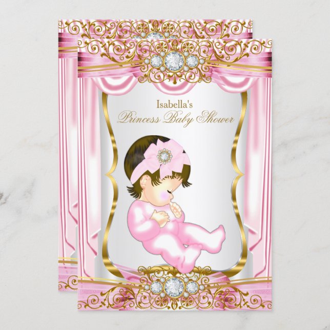 Pretty Brunette Princess Baby Shower Pink Silk Invitation (Front/Back)