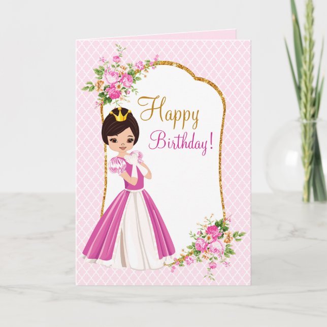 Pretty Brunette Princess Birthday Greeting Card (Front)
