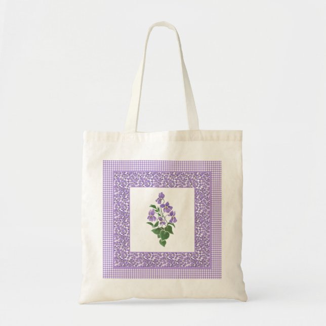 Pretty Budget Tote Bag: Violets and Gingham Bag (Front)