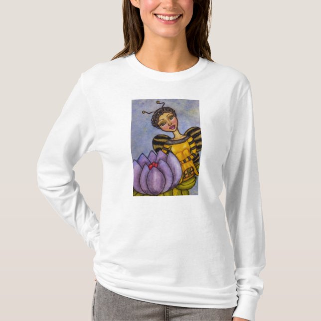 Pretty Bumble Bee Fairy Purple Flower T-Shirt (Front)