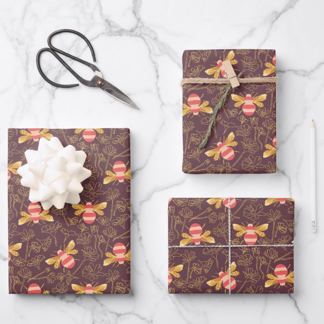 Pretty Bumble Bee Pattern Wrapping Paper Sheets (Front)