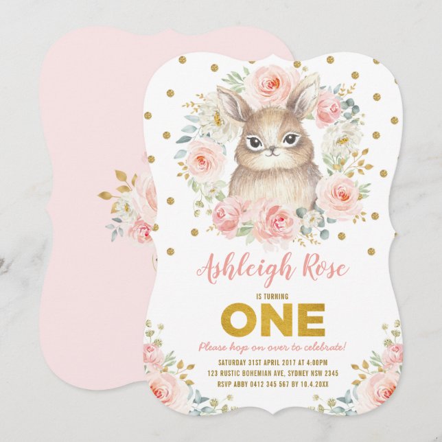 Pretty Bunny 1st Birthday Blush Pink Gold Floral Invitation (Front/Back)