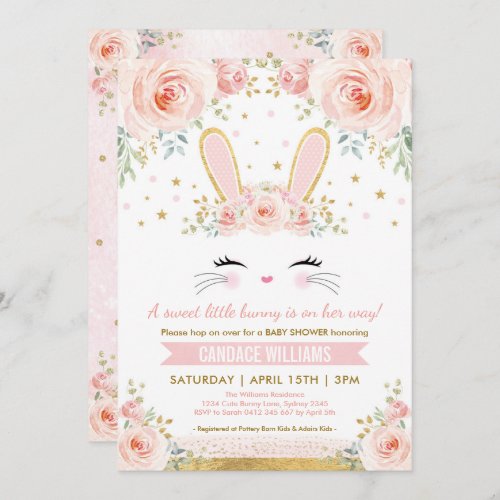 Pretty Bunny Girl Baby Shower  Blush Gold Rabbit Invitation