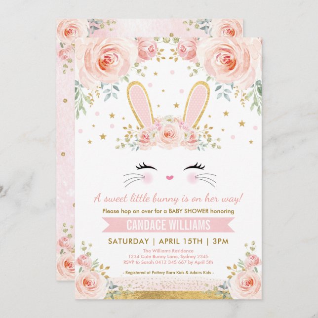Pretty Bunny Girl Baby Shower / Blush Gold Rabbit Invitation (Front/Back)