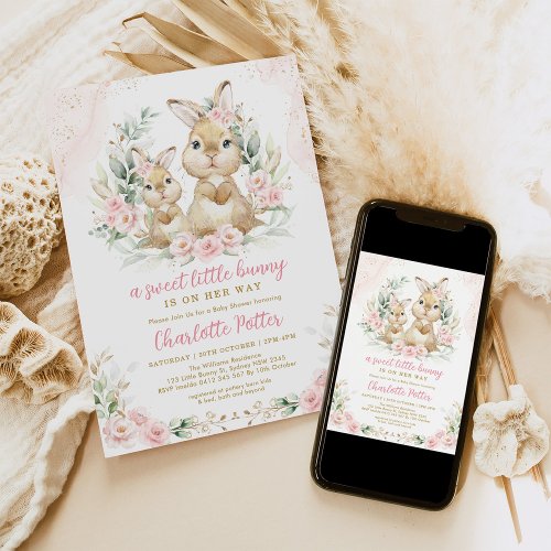 Pretty Bunny Pink Floral Eucalyptus Baby Shower Invitation