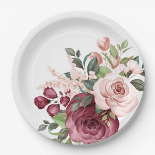 Pretty Burgundy and Pink Watercolor Flowers  Paper Plates