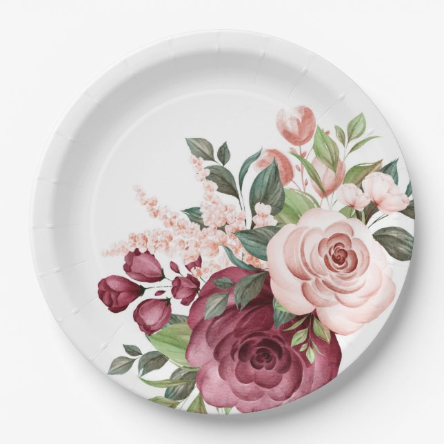 Pretty Burgundy and Pink Watercolor Flowers  Paper Plates (Front)