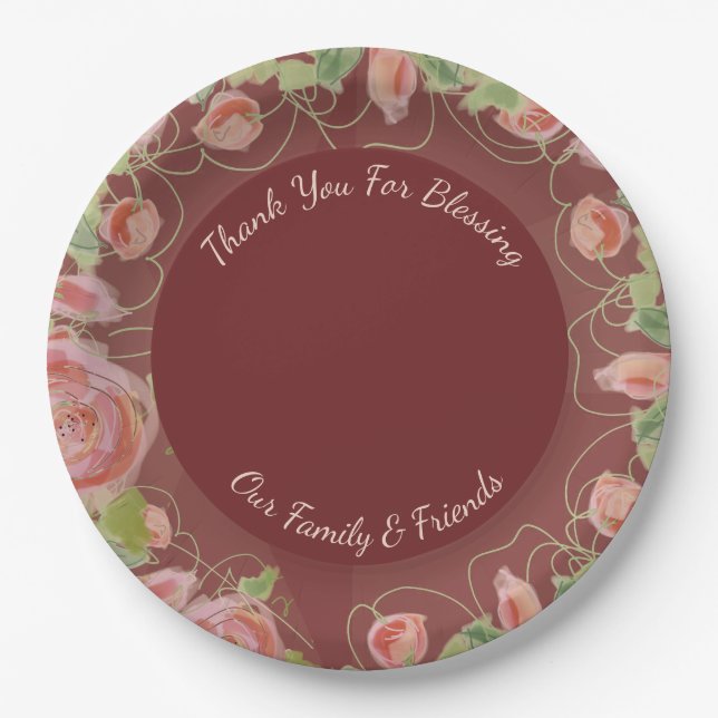 Pretty Burgundy Floral  Paper Plates (Front)