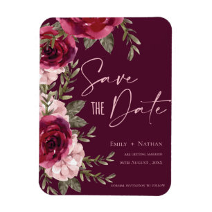 Pretty Burgundy Peach Floral Wedding Save the Date Magnet