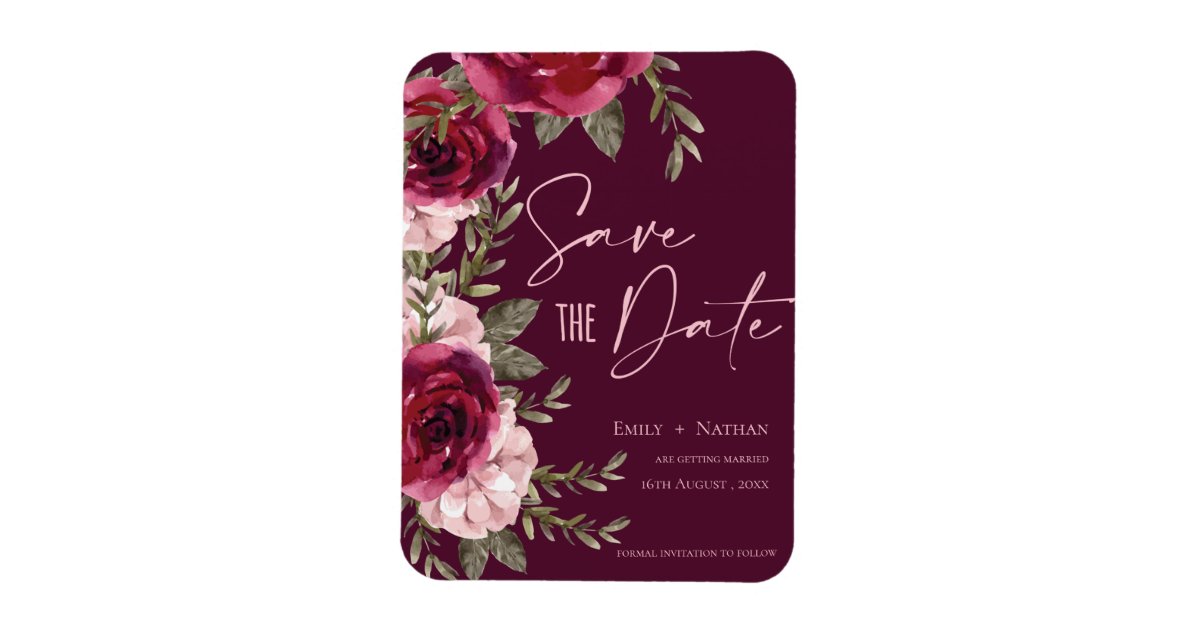 Pretty Burgundy Peach Floral Wedding Save the Date Magnet | Zazzle