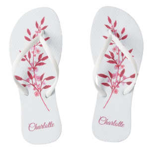 Pretty Burgundy Pink Watercolor Name Floral Flip Flops