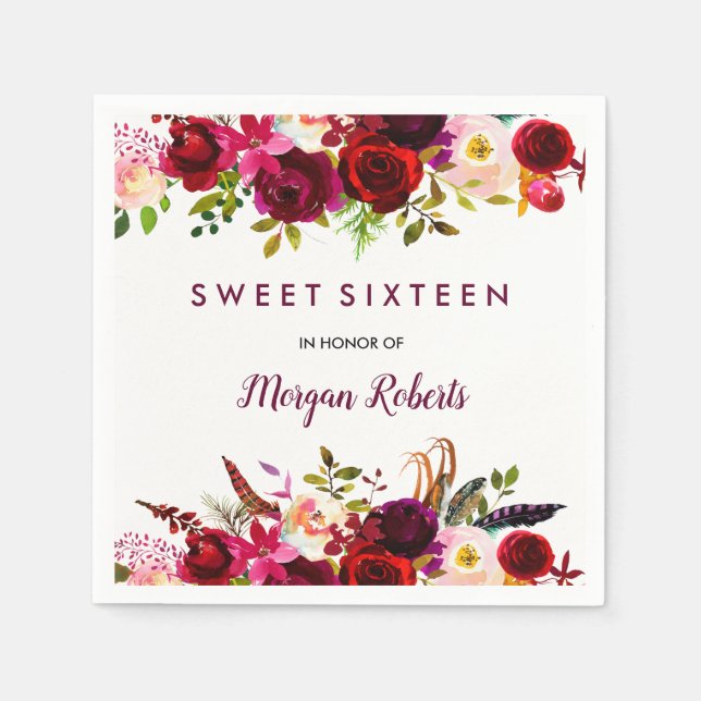 Pretty Burgundy Red Floral Sweet 16 Paper Napkins (Front)