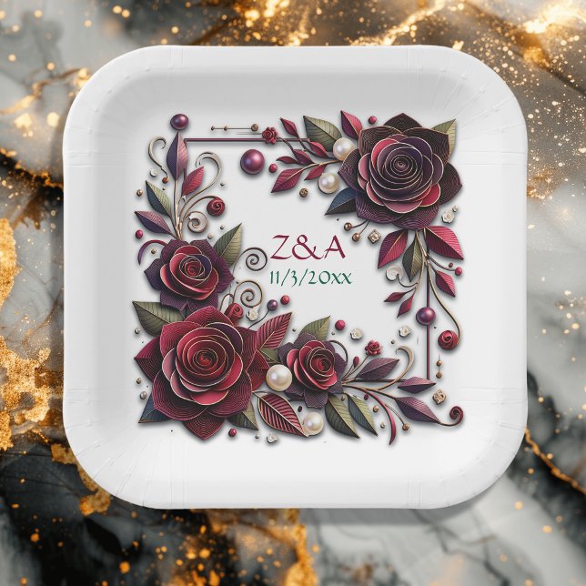 Pretty Burgundy Roses Floral Monogrammed Paper Plates (Creator Uploaded)