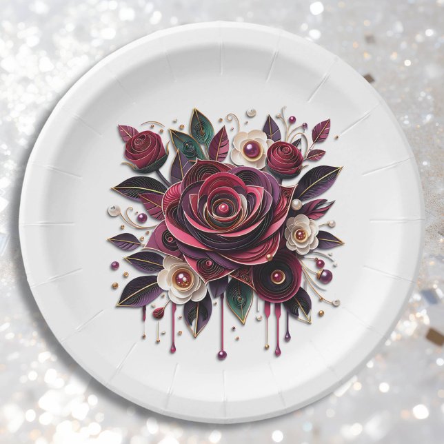 Pretty Burgundy Roses Floral Paper Plates (Creator Uploaded)