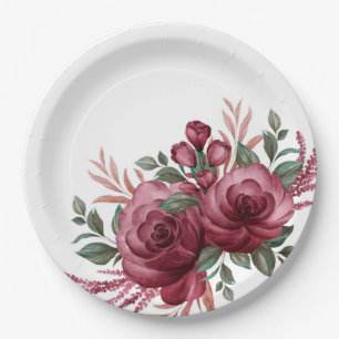 Pretty Burgundy Watercolor Flowers Paper Plates